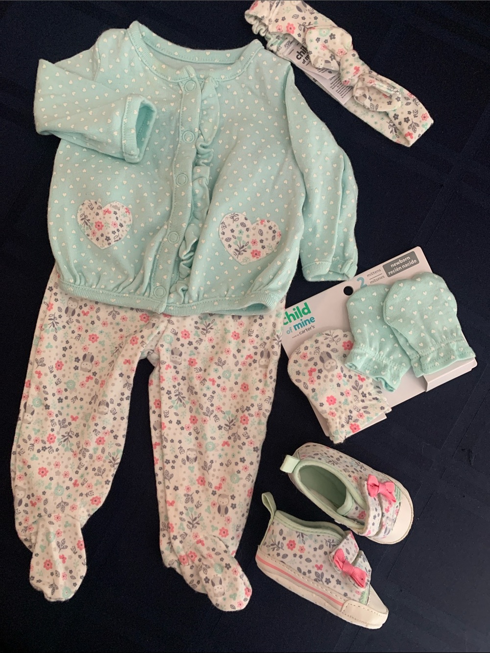 Carter's Mint Green Heart-Print Footed Pajama Set with Floral Accents